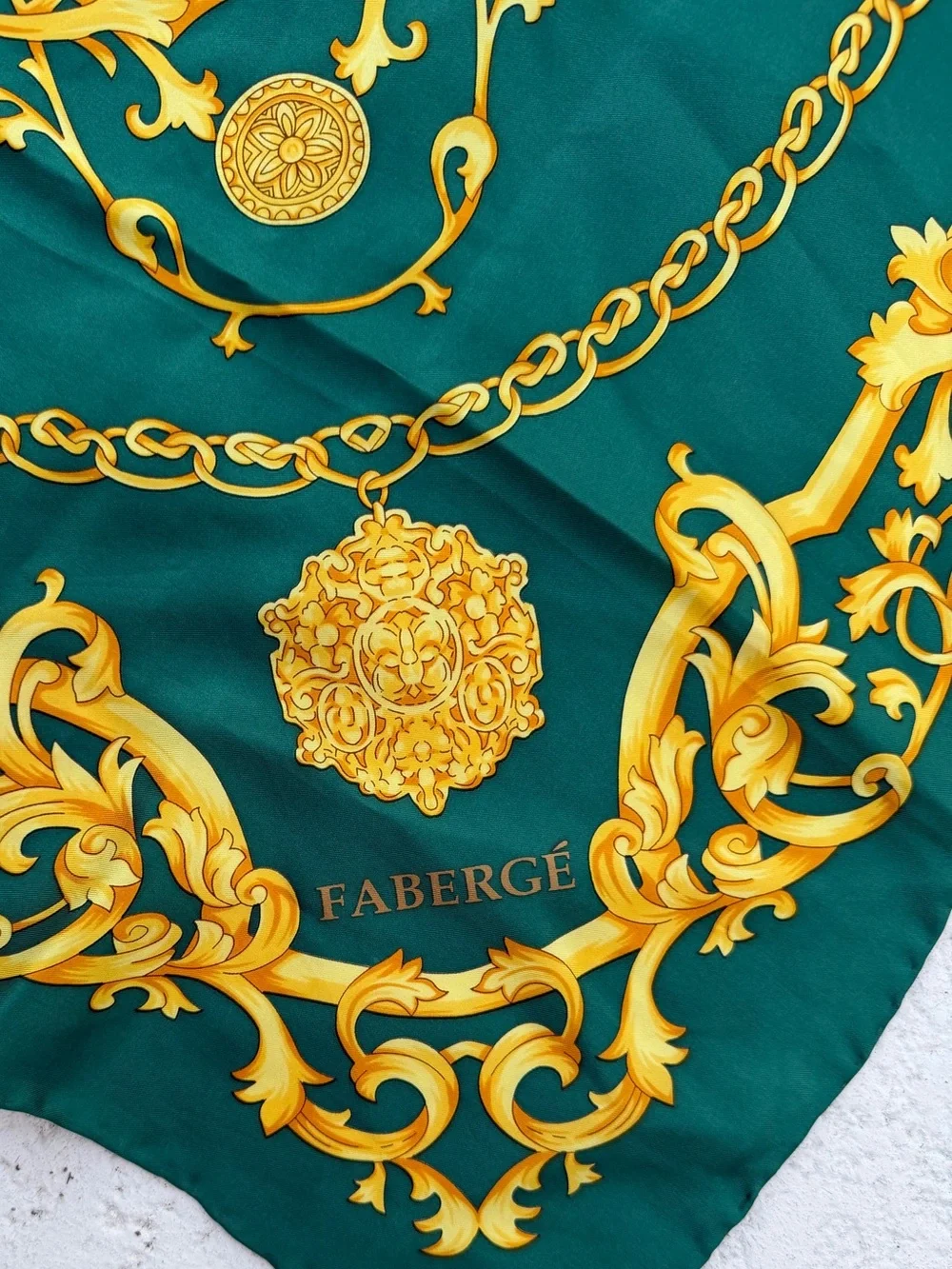 Fabergé 100% Silk Scarf 32” Green Gold Baroque Chain Print Hand Sewn